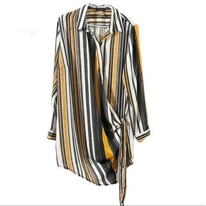 Venus Gray Yellow White Striped Long Sleeve Button Down Wrap Blouse Size Large